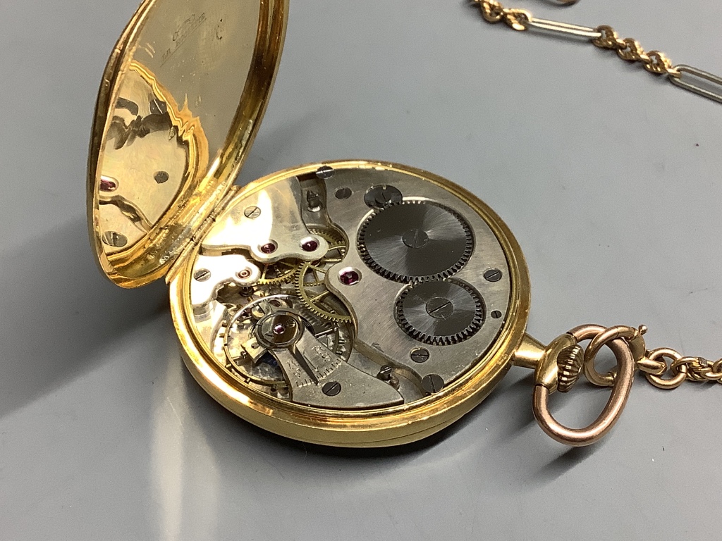 A 9ct gold open face keyless dress pocket watch, on an 18c two colour albert